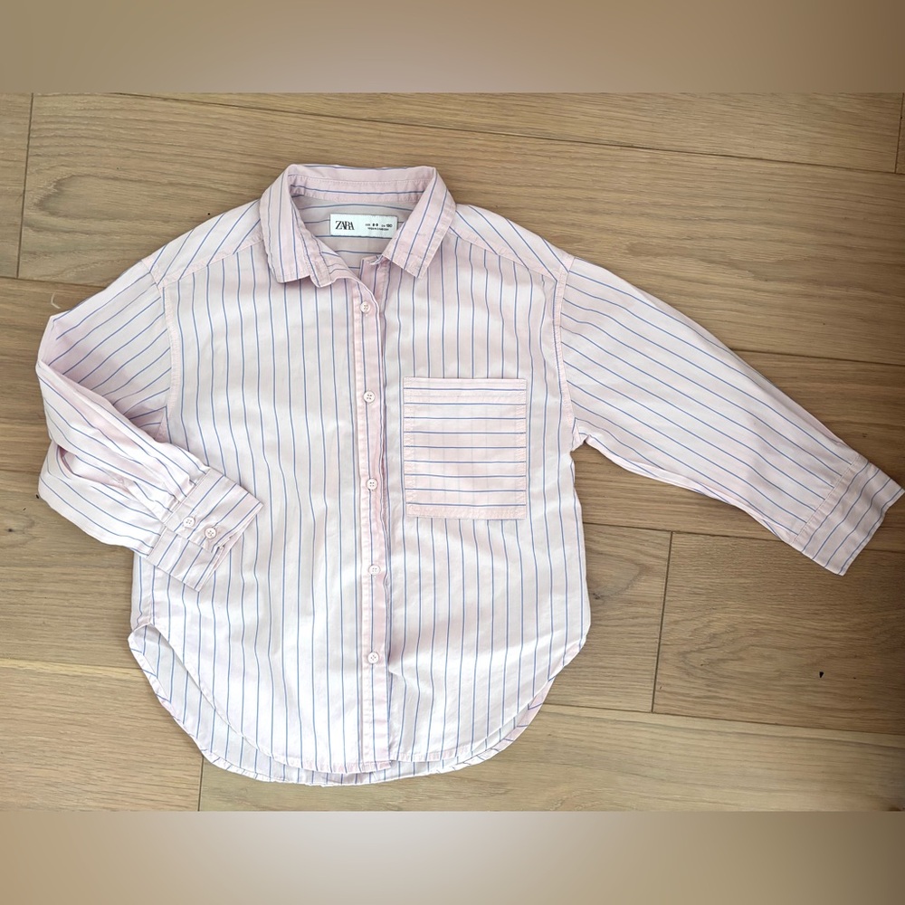 Zara girl Kids Light Pink and Blue Striped Button Down Shirt size 8-9